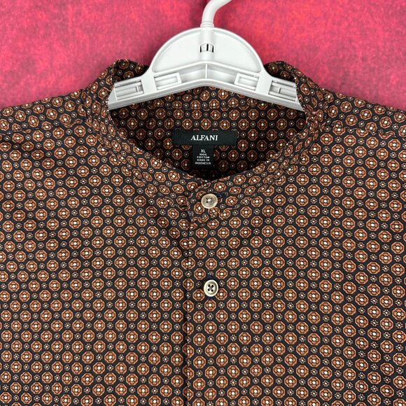 ALFANI MEN'S BROWN MICRO-PRINT, LONG SLEEVE SHIRT WITH MANDARIN COLLAR SIZE XL - Picture 3 of 6
